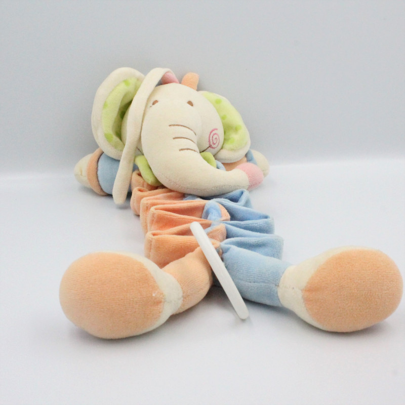 Doudou musical éléphant bleu orange vert blanc PARTNER JOUET