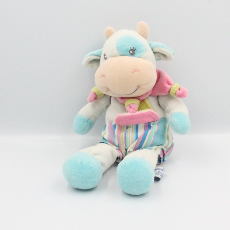 Doudou vache bleu rose vert rayé TIAMO