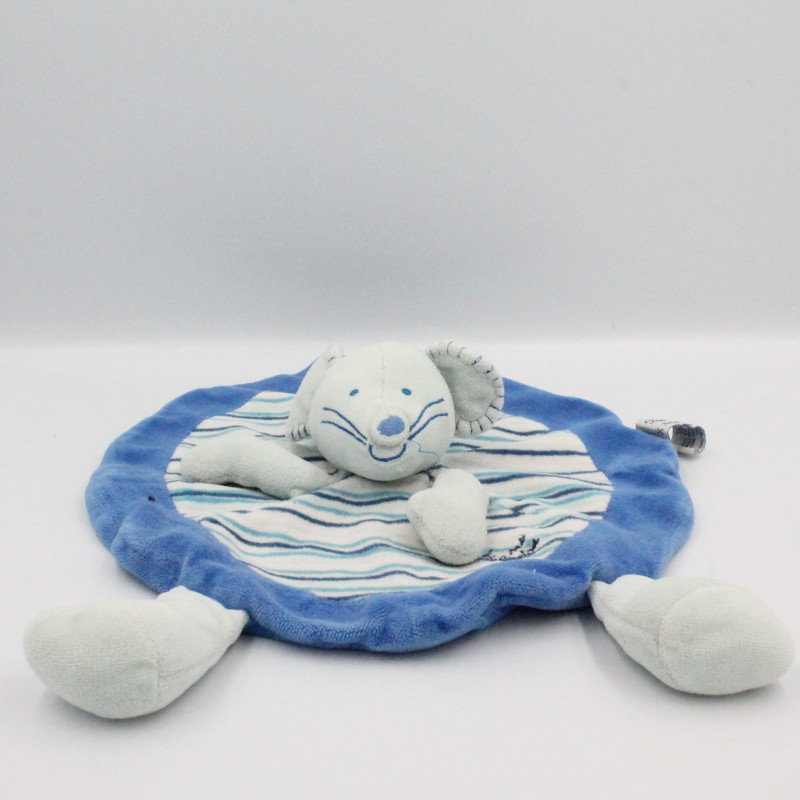 Doudou plat rond souris bleu rayé TIAMO COLLECTION