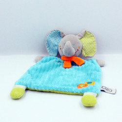 Doudou plat éléphant gris bleu vert pois rayures MOTS D'ENFANTS