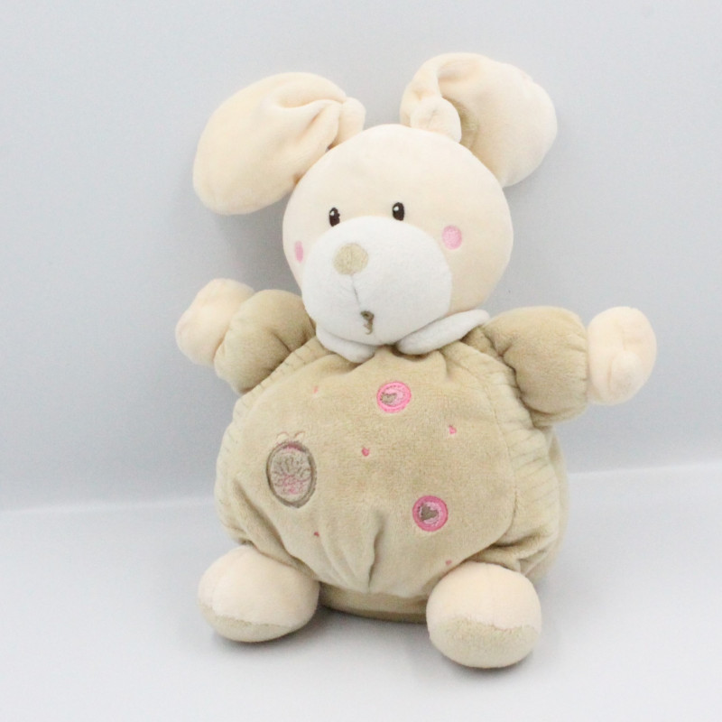 Doudou boule lapin rayé beige cercles coeurs NICOTOY