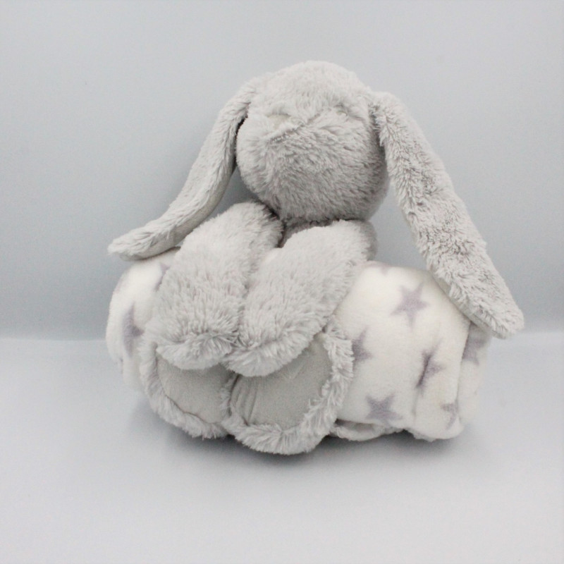 Doudou peluche lapin gris avec couverture ATMOSPHERA