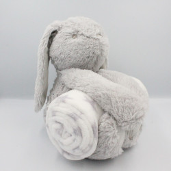 Doudou peluche lapin gris avec couverture ATMOSPHERA