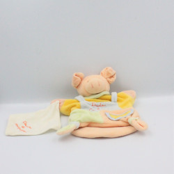 Doudou et compagnie marionnette Cochon rose jaune bleu mouchoir