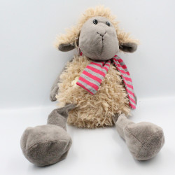 Doudou mouton beige gris foulard rayé rose fleur