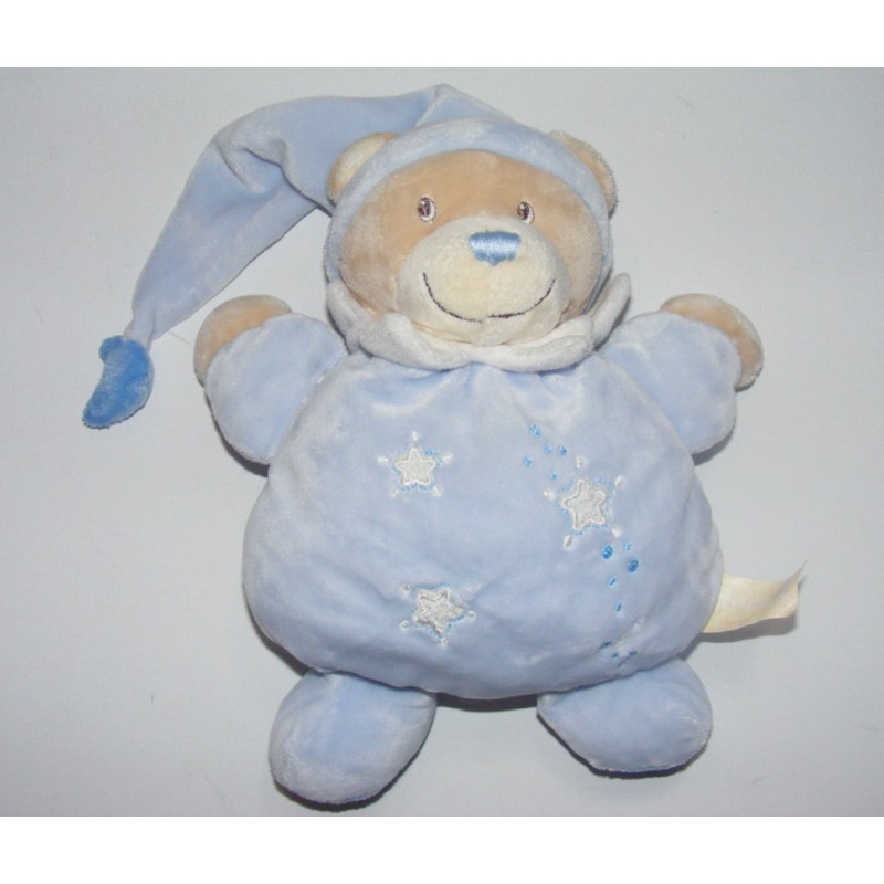 Doudou  ours bleu bonnet coccinelle brodée NICOTOY