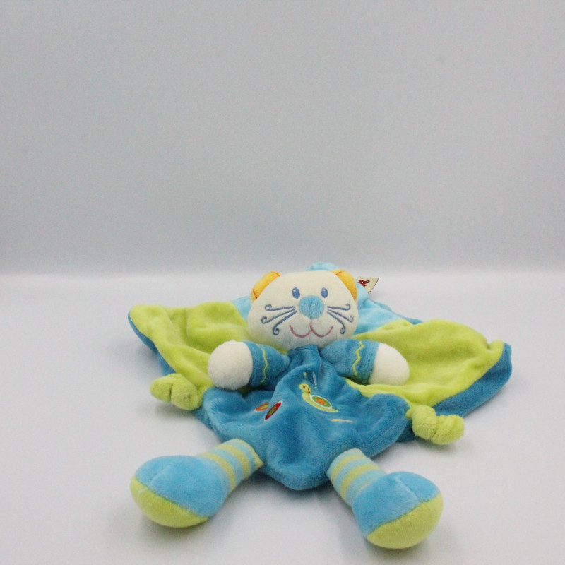 Doudou plat chat bleu vert escargot NICOTOY KIAB