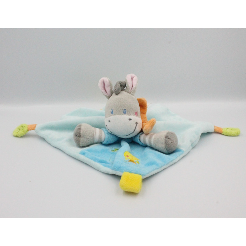 Doudou plat ane zébre gris bleu oiseau NICOTOY