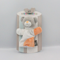 Doudou plat marionnette ours gris blanc orange TOM & ZOE