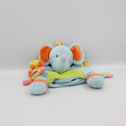 Doudou plat marionnette éléphant bleu vert oiseau NICOTOY
