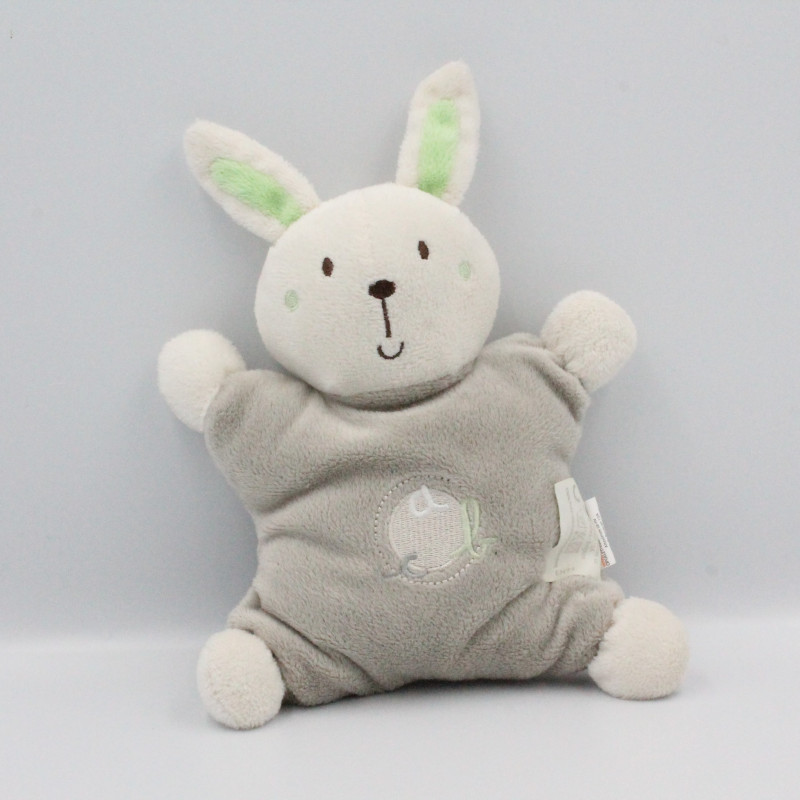 Doudou semi plat lapin gris blanc vert KING BEAR