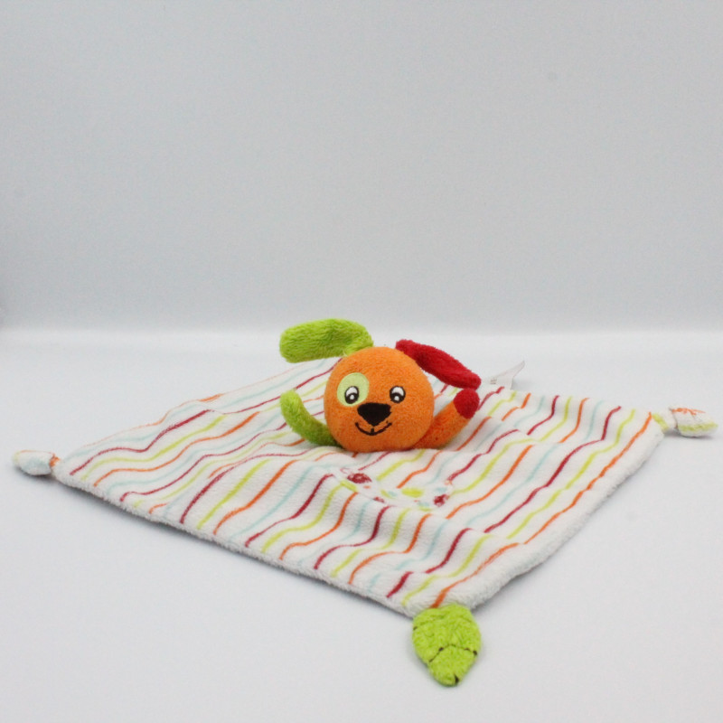 Doudou plat lapin chien blanc orange vert rouge rayé ORCHESTRA