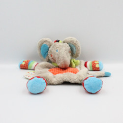 Doudou plat éléphant gris rouge bleu TEX