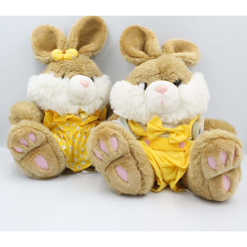 Peluche lapin beige blanc rose tenue jaune NICOTOY