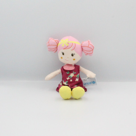 Doudou et compagnie poupée rose jaune fleurs Unicef