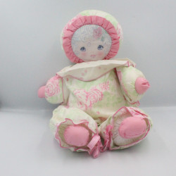 Ancienne poupée chiffon rose blanc vert fleurs Christine et Cécile MUNDIA