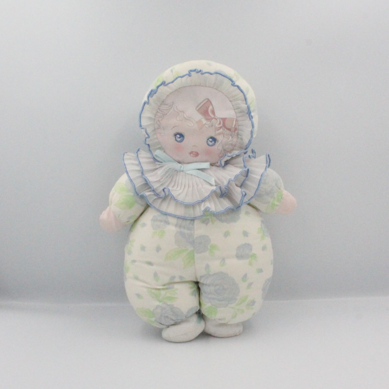 Ancien doudou poupée chiffon tissu bleu vert blanc fleurs MUNDIA