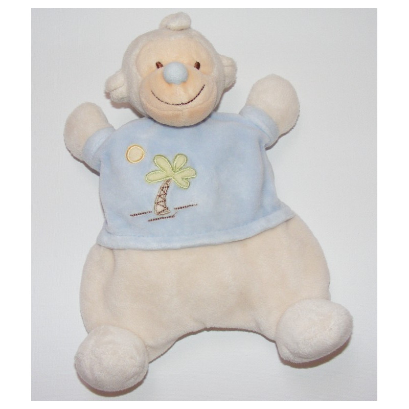 Doudou plat singe bleu blanc palmier JOLLYBABY