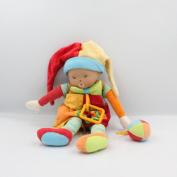 Doudou poupée clown rouge jaune bleu vert balle hochet COROLLE