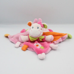 Doudou plat vache rose pois foulard vert oiseau NICOTOY