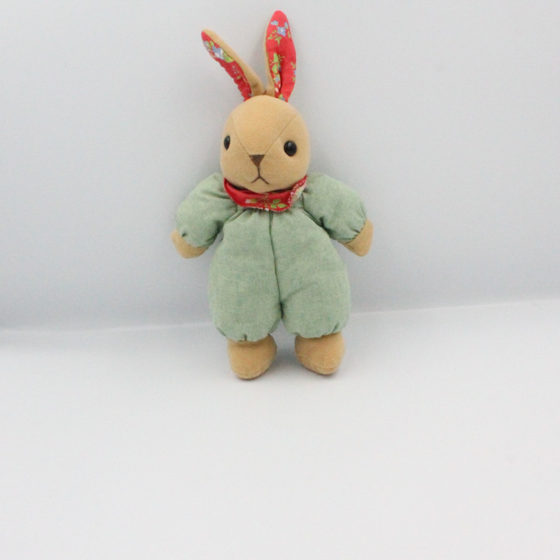 Doudou lapin beige vert rouge fleurs AJENA