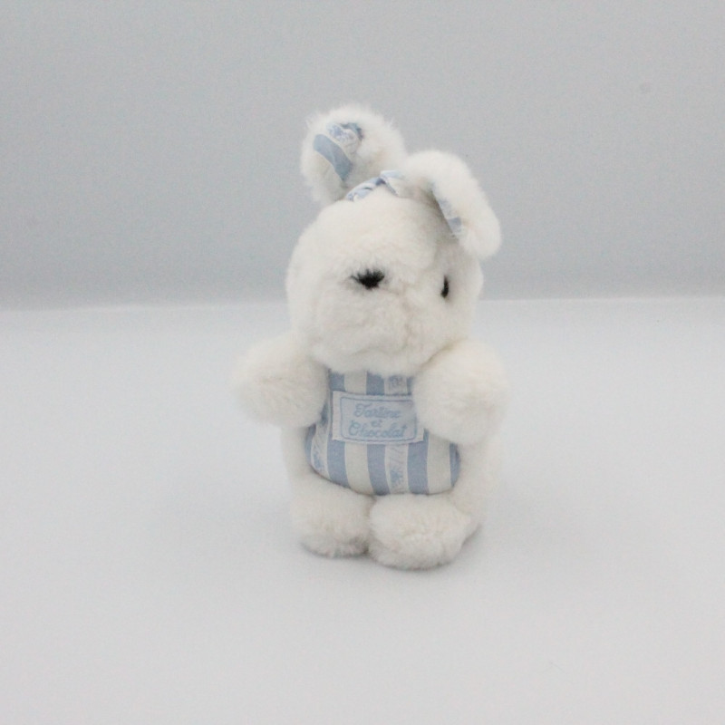 Doudou peluche lapin blanc rayé bleu TARTINE ET CHOCOLAT