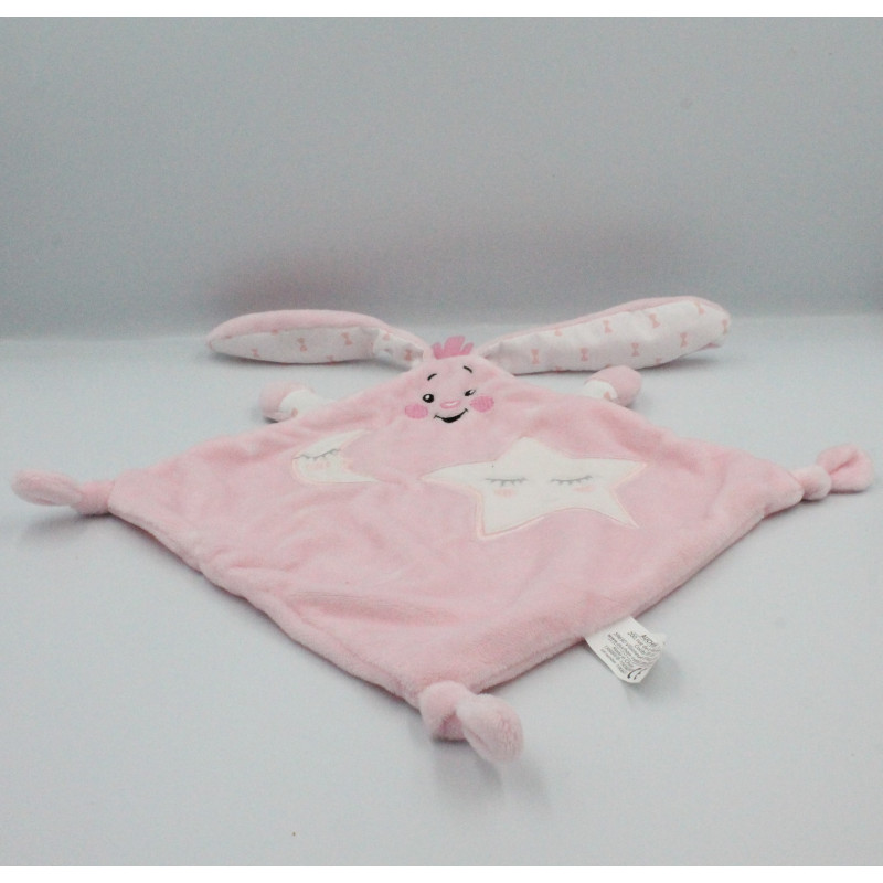 Doudou plat lapin rose blanc étoiles lune AUCHAN