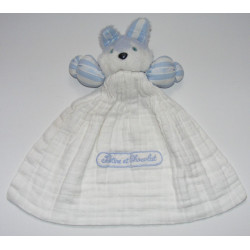 Doudou plat lapin bleu blanc TARTINE ET CHOCOLAT