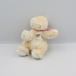 Doudou chat ours beige blanc rose fleur BENGY 20 cm