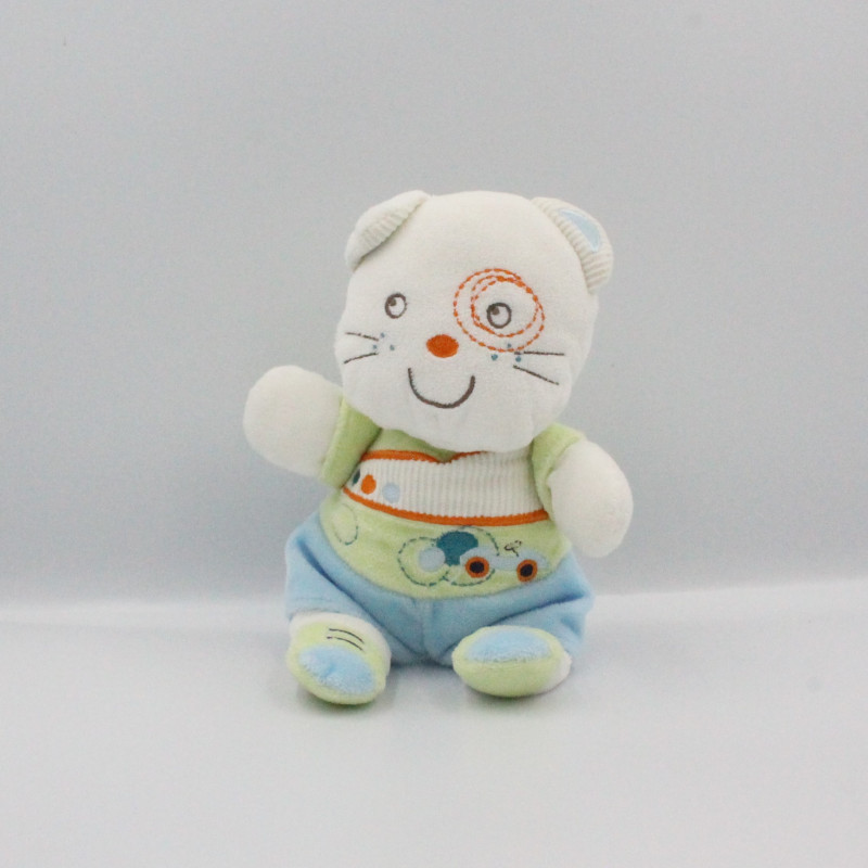 Doudou chat blanc bleu vert orange voiture NICOTOY