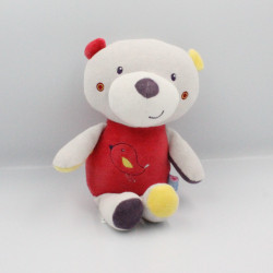 Doudou ours gris rouge jaune violet oiseau SUCRE D'ORGE