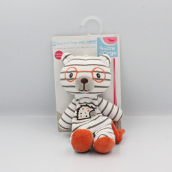 Doudou attache tétine ours lunettes gris blanc orange rayé SUCRE D'ORGE