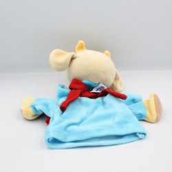 Doudou marionnette vache bleu tablier jaune rouge NOUNOURS