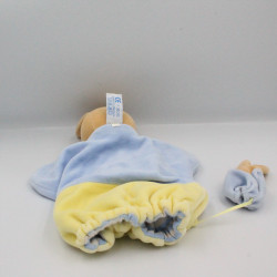 Doudou plat marionnette lapin bleu jaune bébé NOUNOURS