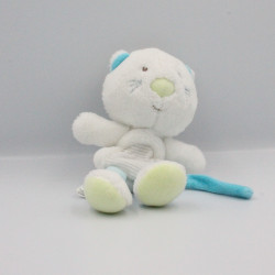 Doudou attache tétine chat blanc bleu vert SUCRE D'ORGE