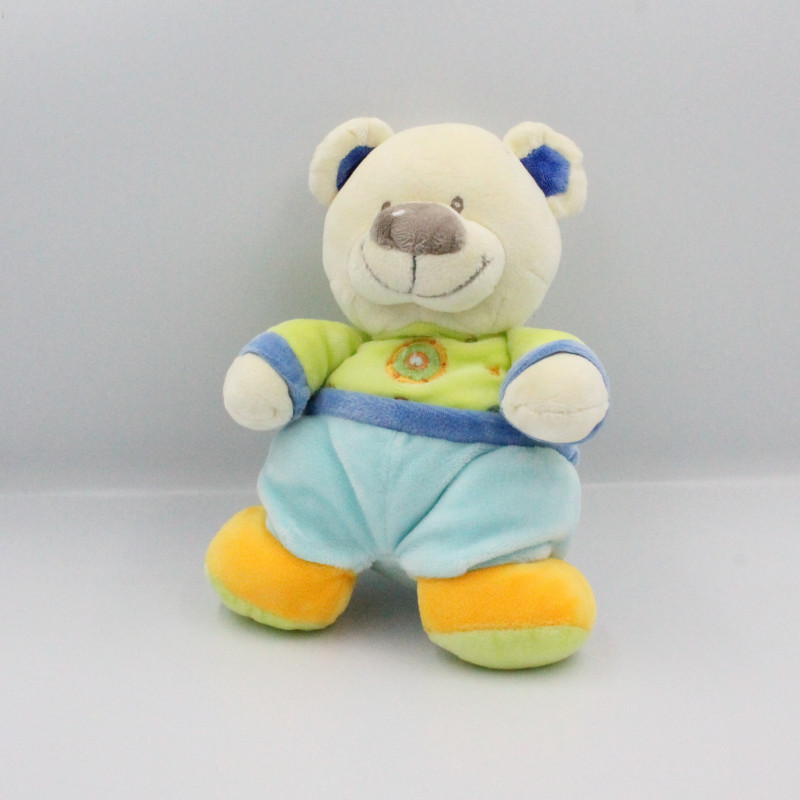 Doudou ours bleu vert jaune coeur POMMETTE