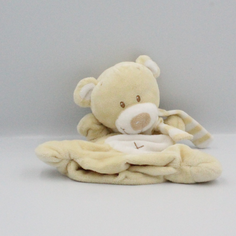 Doudou marionnette ours écru blanc écharpe rayé POMMETTE