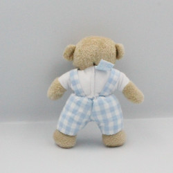 Doudou ours beige salopette carreaux bleu clair TARTINE ET CHOCOLAT