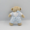 Doudou ours beige salopette carreaux bleu clair TARTINE ET CHOCOLAT