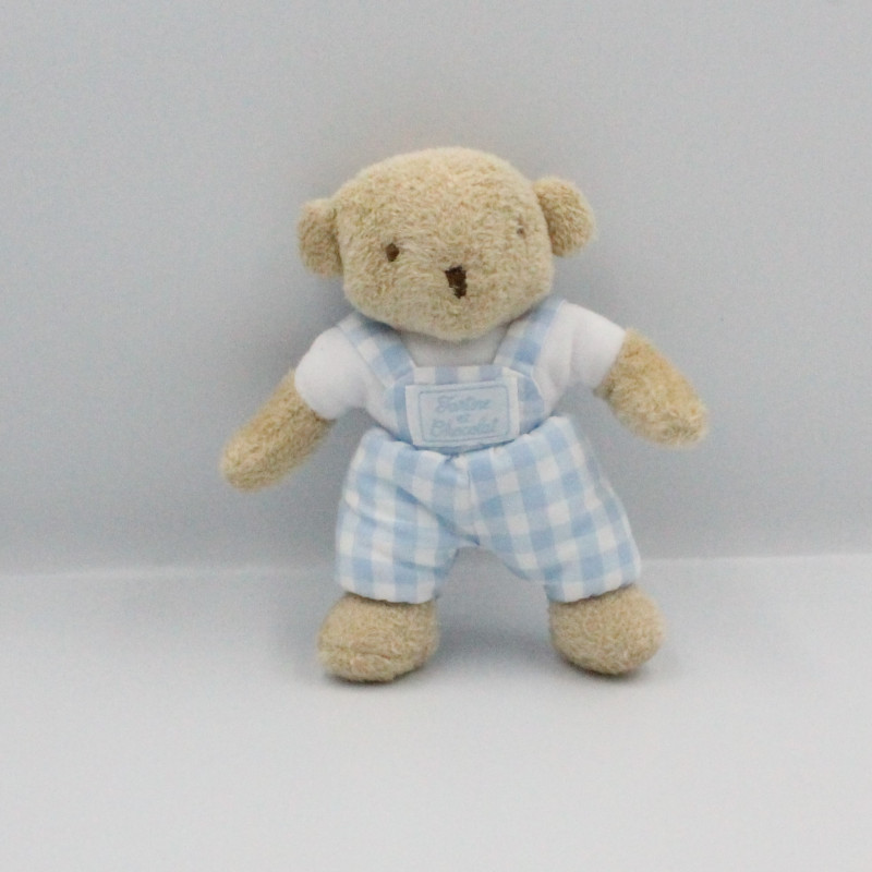 Doudou ours beige salopette carreaux bleu clair TARTINE ET CHOCOLAT
