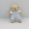 Doudou ours beige salopette carreaux bleu clair TARTINE ET CHOCOLAT