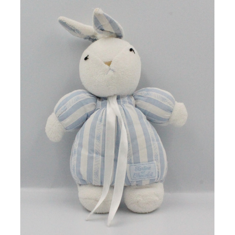 Doudou lapin blanc rayé bleu TARTINE ET CHOCOLAT