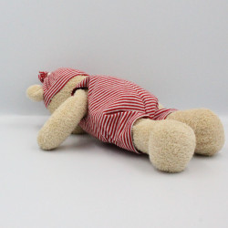 Doudou ours beige rayé rouge bonnet NICOTOY
