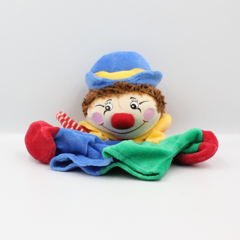 Doudou plat marionnette clown rouge bleu vert jaune NOUNOURS