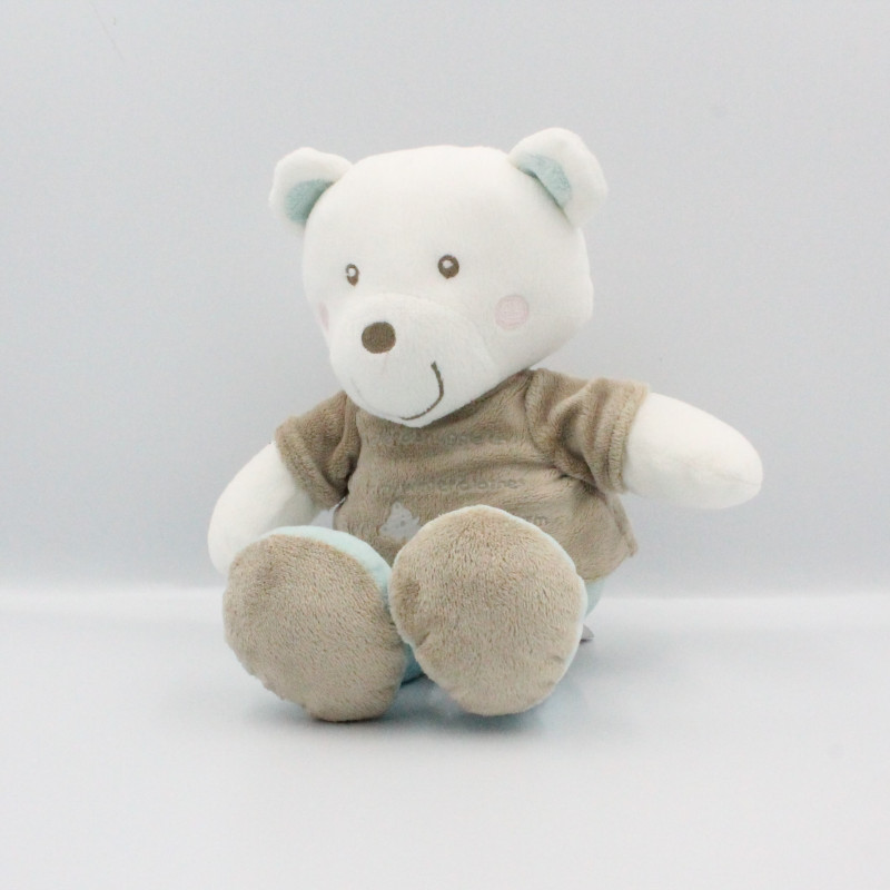 Doudou musical ours blanc beige bleu rayé PREMAMAN