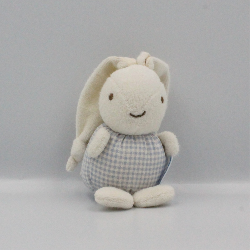 Doudou lapin blanc vichy bleu fleurs NOUNOURS