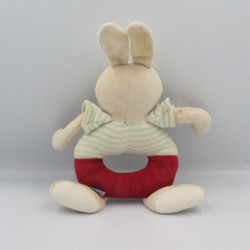 Doudou hochet lapin beige rouge rayé SUCRE D'ORGE