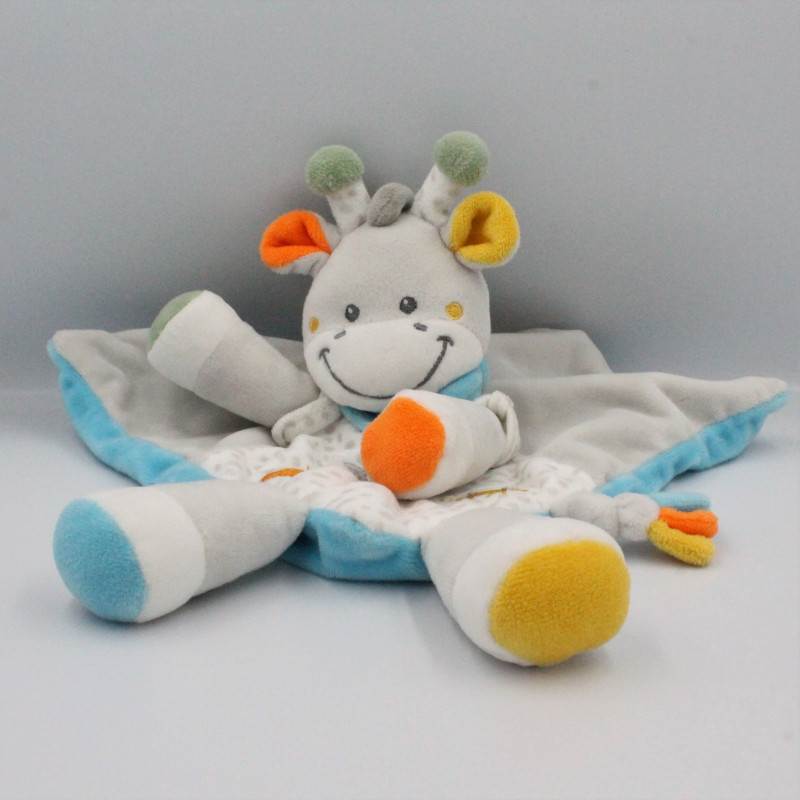 Doudou plat girafe gris jaune bleu orange jungle TEX BABY
