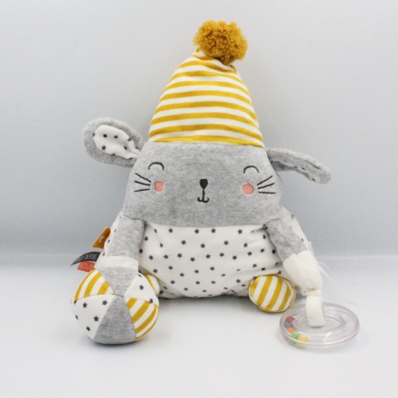 Doudou souris gris blanc jaune étoiles hochet TAPE A L'OEIL