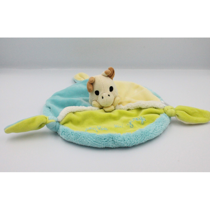 Doudou plat rond bleu vert Sophie la girafe VULLI